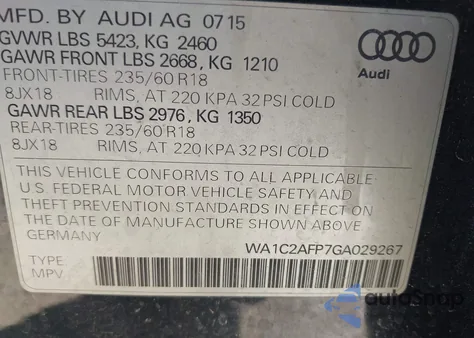 2016 Audi Q5 2.0T Premium z USA, uszkodzony, nr VIN WA1C2AFP7GA029267